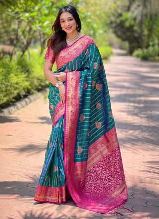 Teal Weaving Work Silk Traditional Saree