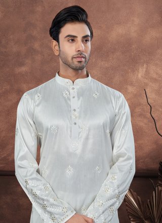 Tempting Off White Silk Kurta Mens Wear with Machine Embroidery and Thread Work