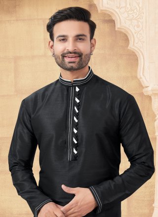 Thread Work Art Silk Kurta Pyjama In Black