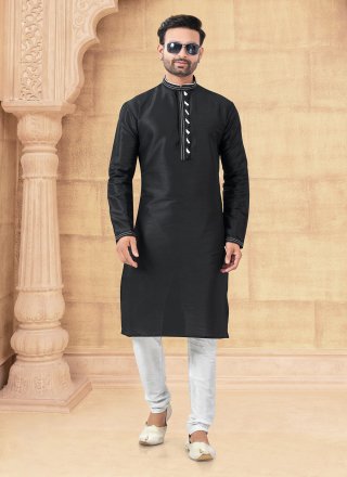 Thread Work Art Silk Kurta Pyjama In Black