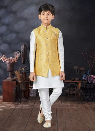 Thread Work Dupion Silk Kurta Payjama with Jacket In Off White and Yellow