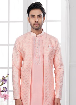 Thread Work Jacquard Sherwani Mens Wear In Peach