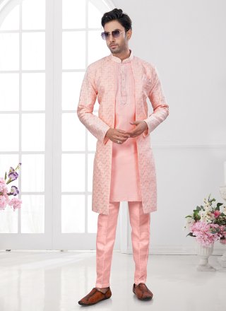 Thread Work Jacquard Sherwani Mens Wear In Peach
