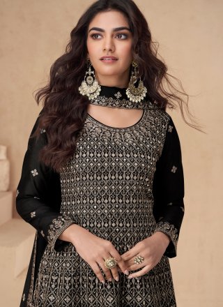 Thrilling Black Chinon Palazzo Salwar Suit with Embroidered, Sequins and Zari Work