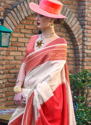 Thrilling Grey and Red Handloom Silk Designer Saree