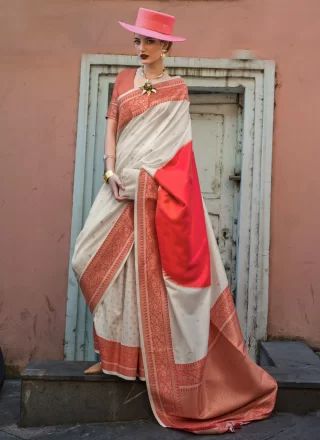 Thrilling Grey and Red Handloom Silk Designer Saree