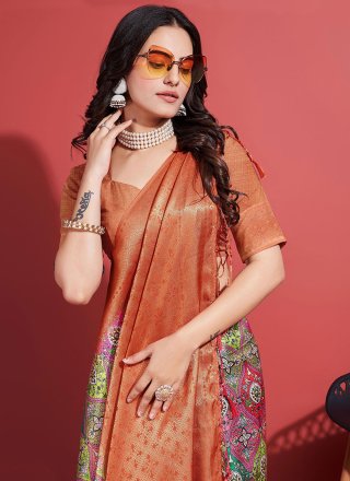 Thrilling Orange Silk Designer Sari