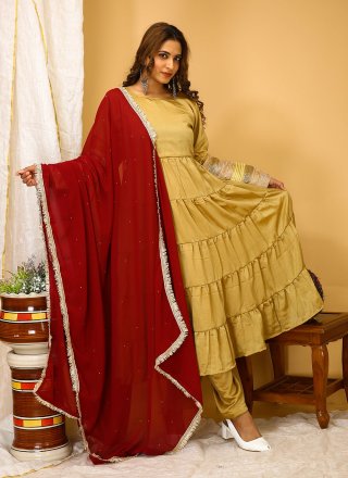 Beige Net Vine Pattern Anarkali Style Gown with Metalic Foil Work | Exotic  India Art