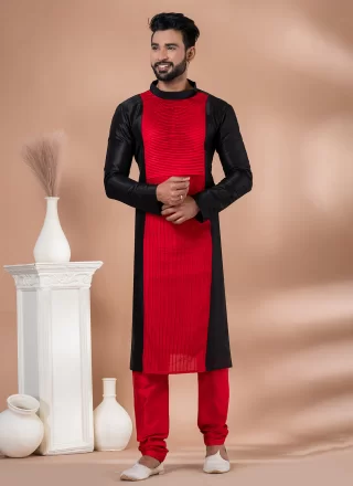 Titillating Black and Red Banarasi Silk Kurta Pyjama with Fancy Work