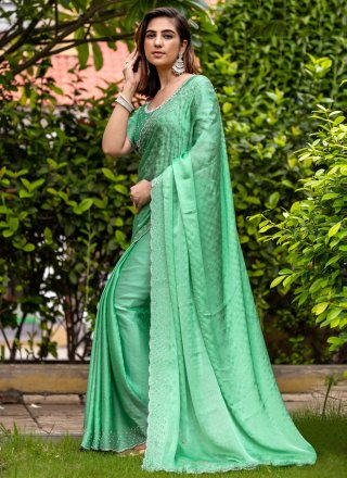Titillating Green Satin Classic Saree with Cord and Stone Work