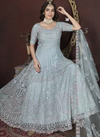Topnotch Aqua Blue Net  Designer Gown with Embroidered, Fancy, Mirror and Thread Work