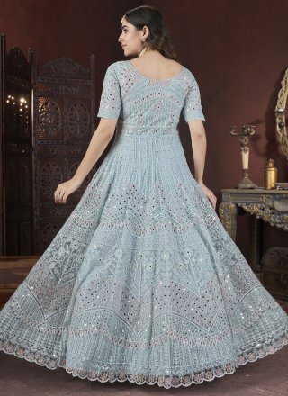 Topnotch Aqua Blue Net  Designer Gown with Embroidered, Fancy, Mirror and Thread Work