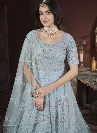 Topnotch Aqua Blue Net  Designer Gown with Embroidered, Fancy, Mirror and Thread Work