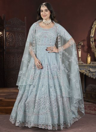 Topnotch Aqua Blue Net  Designer Gown with Embroidered, Fancy, Mirror and Thread Work