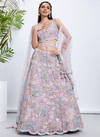 Topnotch Mauve Net Lehenga Choli with Cord, Embroidered, Sequins and Thread Work