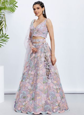 Topnotch Mauve Net Lehenga Choli with Cord, Embroidered, Sequins and Thread Work