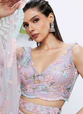 Topnotch Mauve Net Lehenga Choli with Cord, Embroidered, Sequins and Thread Work