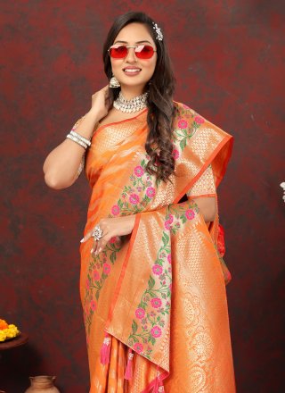 Topnotch Orange Silk Classic Sari with Meenakari and Weaving Work