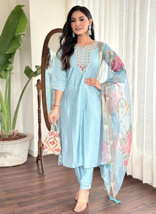 Transcendent Aqua Blue Chanderi Pant Style Suit