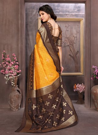 Transcendent Gold Cotton Silk Contemporary Saree with Foil Print and Woven Work