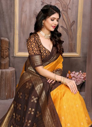 Transcendent Gold Cotton Silk Contemporary Saree with Foil Print and Woven Work