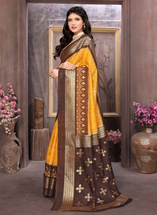 Transcendent Gold Cotton Silk Contemporary Saree with Foil Print and Woven Work