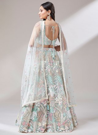 Transcendent Sea Green Net A - Line Lehenga Choli with Embroidered, Sequins and Thread Work