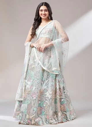Transcendent Sea Green Net A - Line Lehenga Choli with Embroidered, Sequins and Thread Work