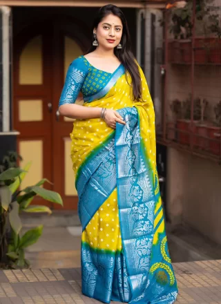 Turquoise and Yellow Jute Silk Contemporary Sari with Print Work for Women