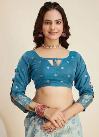 Turquoise Banarasi Silk Contemporary Saree with Weaving Work for Women