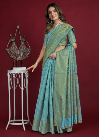 Turquoise Banarasi Silk Woven Work Classic Sari for Ceremonial