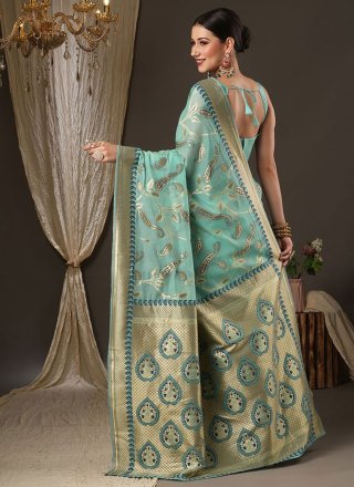 Turquoise Blended Cotton Classic Sari