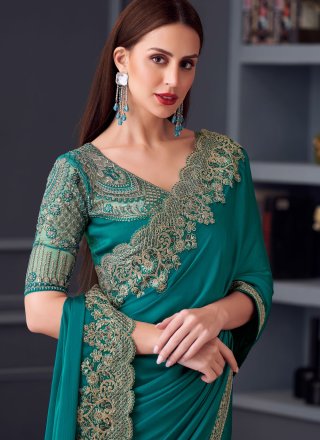 Turquoise Chiffon Contemporary Saree with Embroidered Work