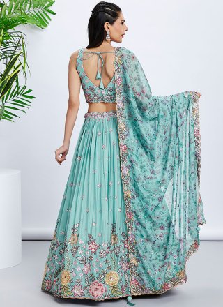 Turquoise Chiffon Cord, Embroidered, Sequins and Thread Work A - Line Lehenga Choli for Engagement