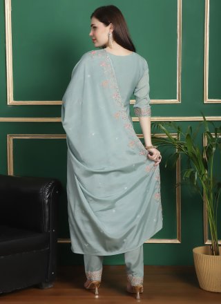 Turquoise Chiffon Salwar Suit with Embroidered Work