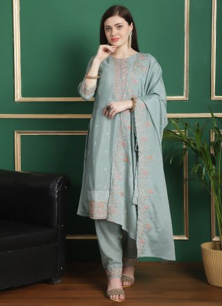 Turquoise Chiffon Salwar Suit with Embroidered Work
