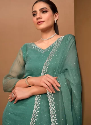 Turquoise Chiffon Swarovski Work Salwar Suit