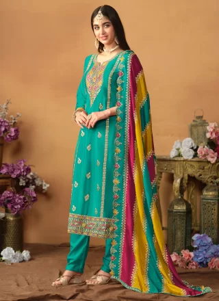 Turquoise Chinon Embroidered and Sequins Work Pant Style Suit