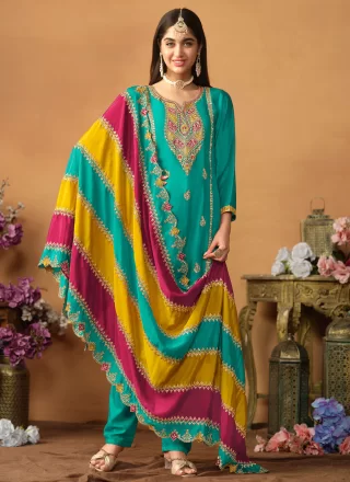Turquoise Chinon Embroidered and Sequins Work Pant Style Suit