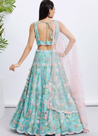 Turquoise Cord, Embroidered, Sequins and Thread Work Net A - Line Lehenga Choli