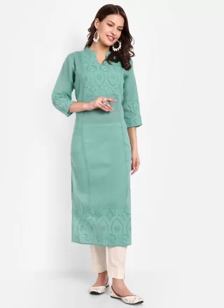 Turquoise Cotton Casual Kurti with Embroidered Work for Women