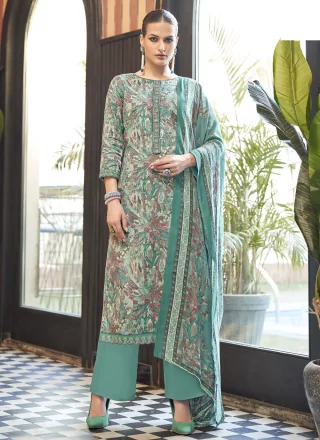 Turquoise Cotton Salwar Suit with Digital Print and Embroidered Work for Women