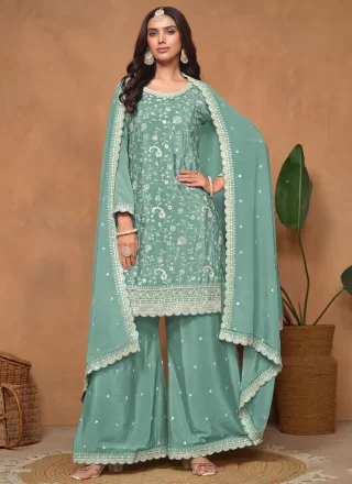 Turquoise Embroidered and Sequins Work Chinon Salwar Suit