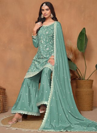 Turquoise Embroidered and Sequins Work Chinon Salwar Suit