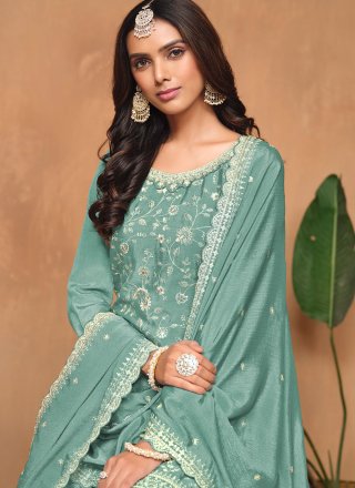 Turquoise Embroidered and Sequins Work Chinon Salwar Suit