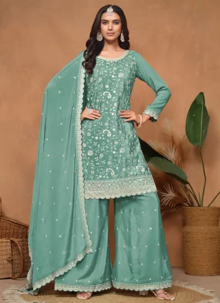 Turquoise Embroidered and Sequins Work Chinon Salwar Suit