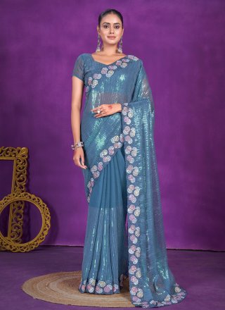 Turquoise Embroidered Work Shimmer Classic Saree