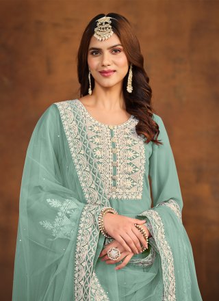 Turquoise Faux Georgette Embroidered Work Salwar Suit for Ceremonial
