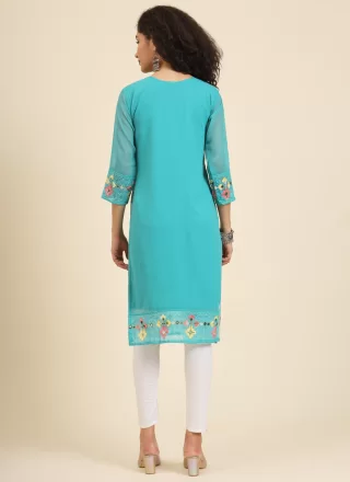 Turquoise Georgette Casual Kurti with Chikankari, Embroidered and Lucknowi Work Work