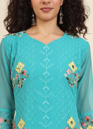 Turquoise Georgette Casual Kurti with Chikankari, Embroidered and Lucknowi Work Work